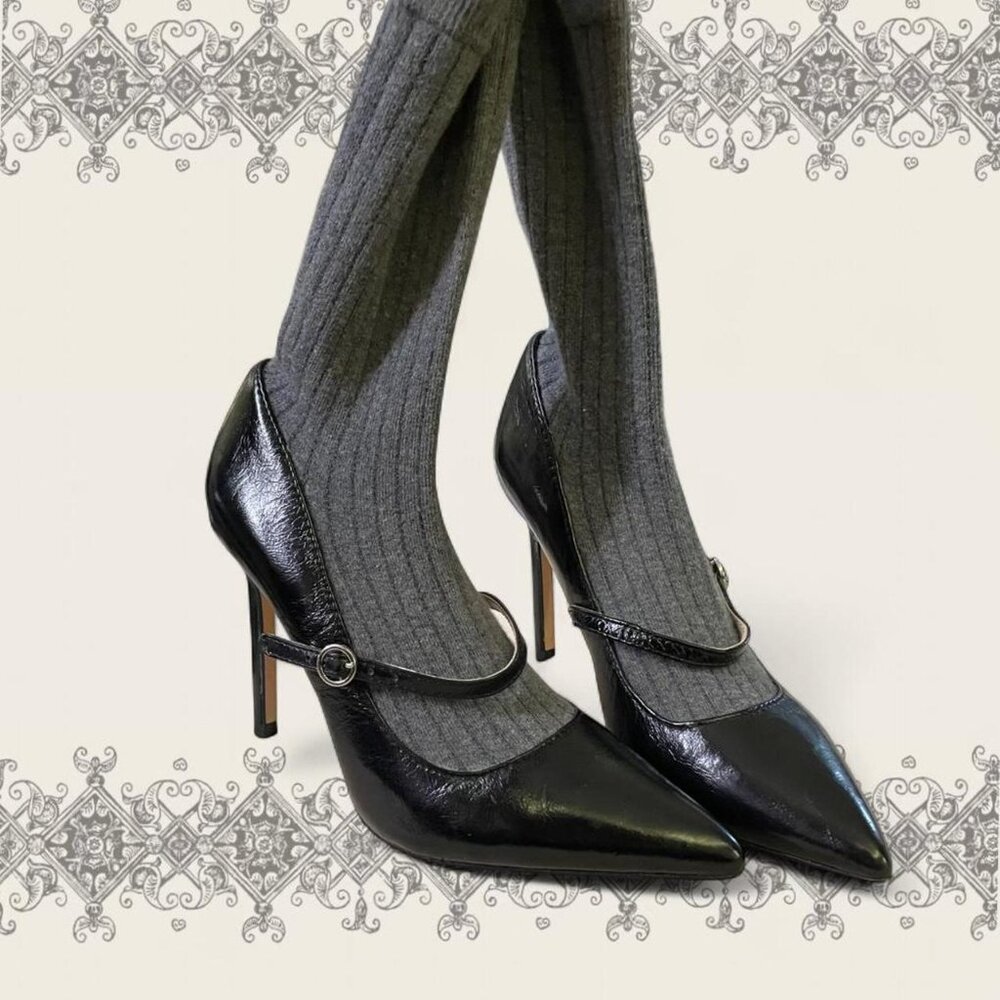 Zara black leather Mary Jane high heels with an attached gray knit sock